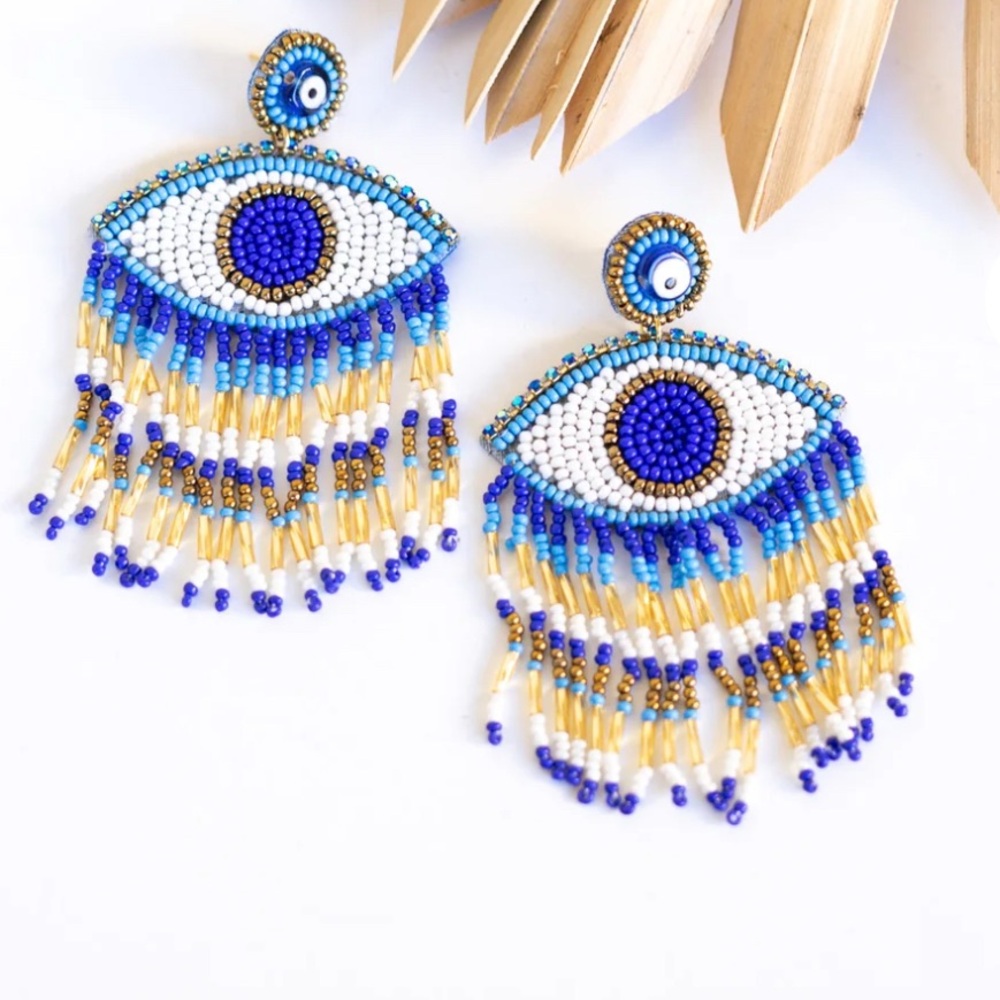 NEW BALU QUEEN Evil Eye Beaded Earrings - Blue and Gold